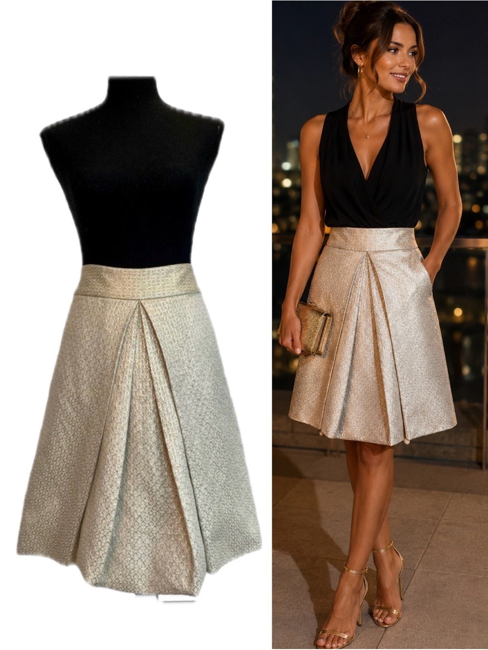 PINK Tartan cream gold metallic jacquard pleated skirt Sz 8 NWOT